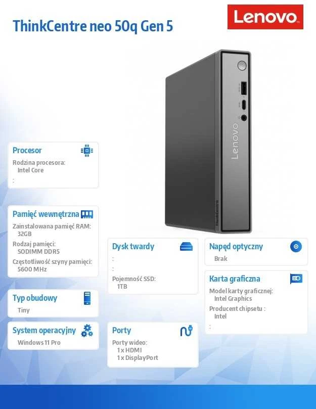 Lenovo ThinkCentre neo 50q Gen 5 Intel Core 5 210H 32 GB DDR5-SDRAM 1 TB SSD Windows 11 Pro Mini PC Juodas