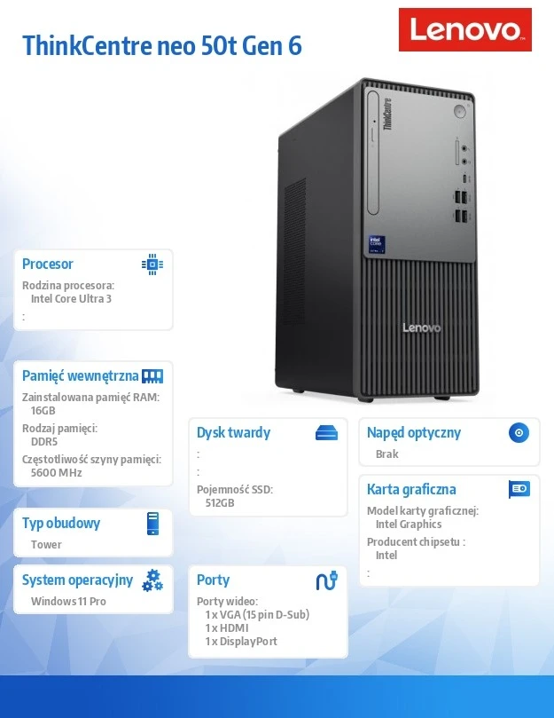 Stacionarus kompiuteris Lenovo Komputer thinkcentre neo 50t g6 tower 13bd005cpb ultra 3 205/16gb/512gb/int/juodas/3yrs os
