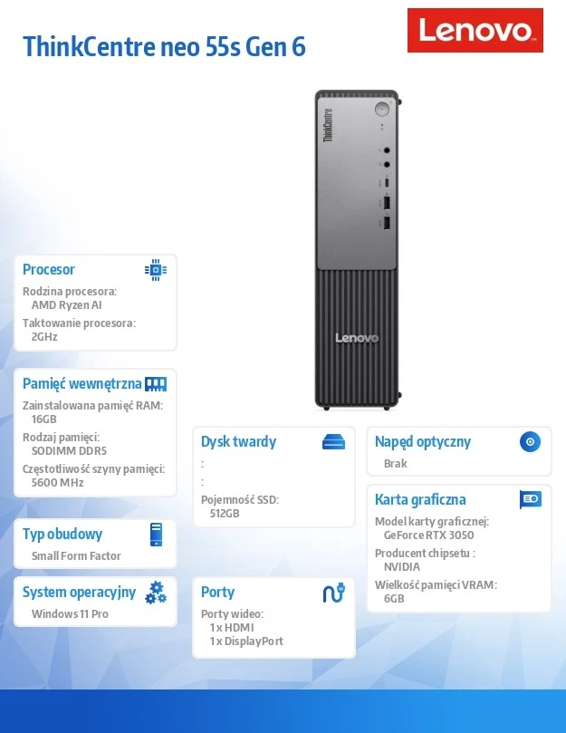 Stacionarus kompiuteris Komputer Lenovo ThinkCentre neo 55s Gen 6 SFF 13FK001NPB AMD Ryzen AI 5 330 16GB 512SSD RTX 3050 W11Pro