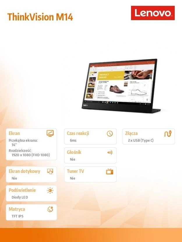 Monitorius LENOVO 14" M14D 2.2K IPS 16:10 USB-C