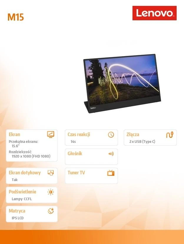Monitorius Lenovo ThinkVision M15 15,6 colio, IPS, FHD, 1920 x 1080, 16:9, Įjungta: 6 ms Išjungta: 14 ms, 250 cd/m², Juodas, 1 x USB Type-C, 60 Hz