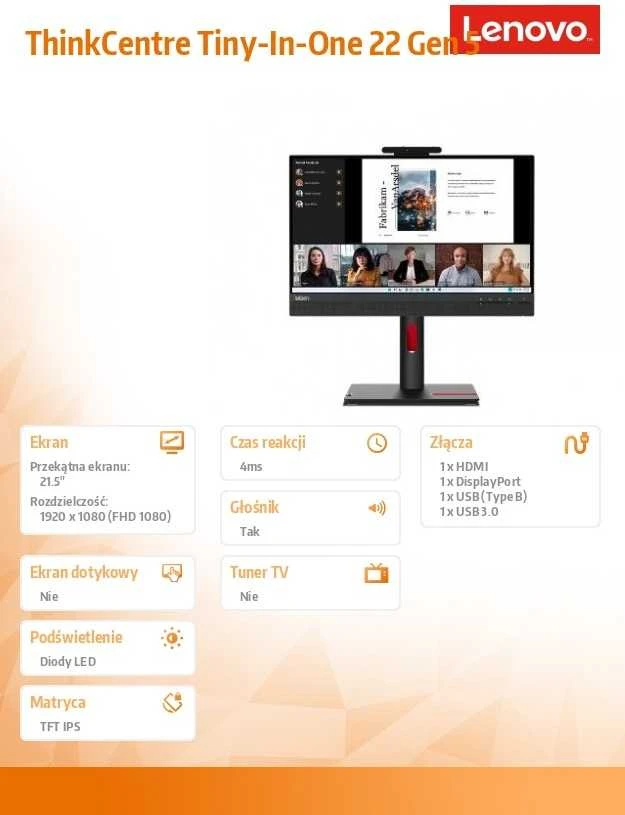 Lenovo TFT monitorius ThinkCentre TiO 22 Gen5 FHD IPS DP/CAM/SPK/HUB