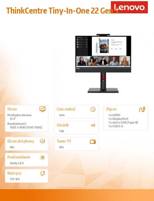 Monitorius Lenovo ThinkCentre TiO 22 Gen5 FHD IPS Touch