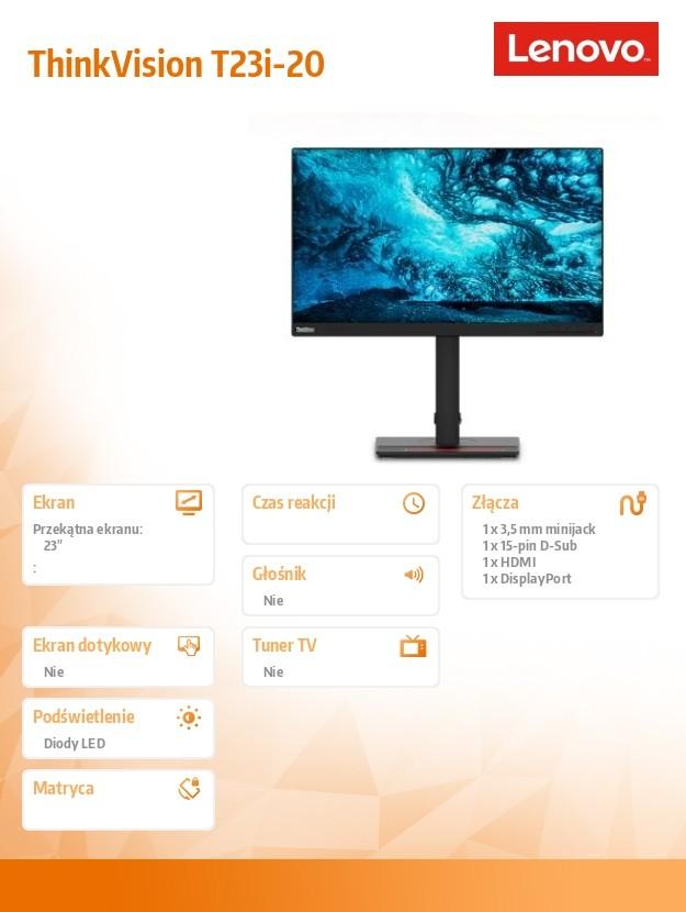 Monitorius Lenovo ThinkVision T23i-20 58,4 cm (23") 1920 x 1080 pikseliai „Full HD“ LED Juoda
