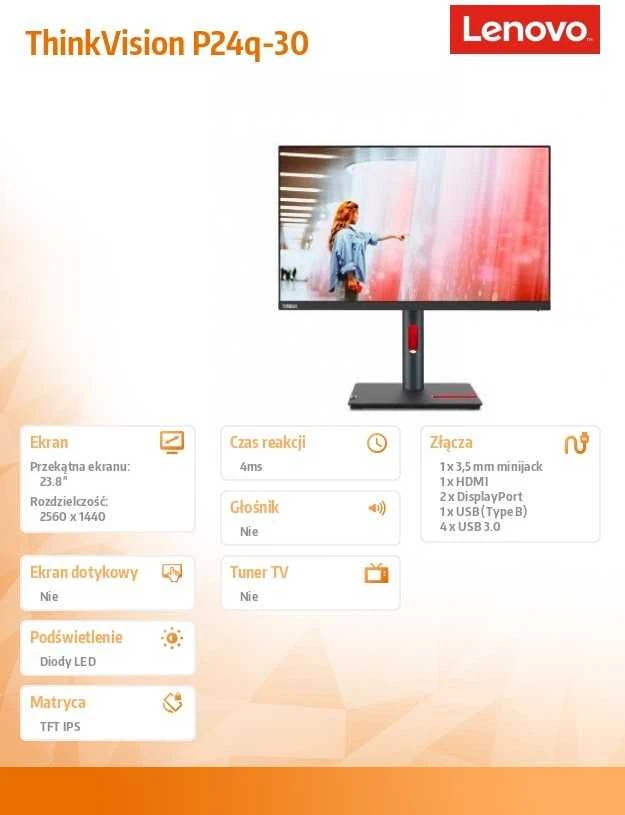 Monitorius Lenovo | ThinkVision | P24q-30 | 23.8 " | IPS | 16:9 | 60 Hz | 4 ms | 2560 x 1440 pikselių | 300 cd/m² | HDMI jungtys quantity 1x HDMI 2.0 | Juodas | Garantija 36 mėn.