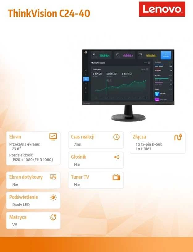 Monitorius Lenovo C24-40 60.5 cm (23.8") 1920 x 1080 pikselių Full HD LED
