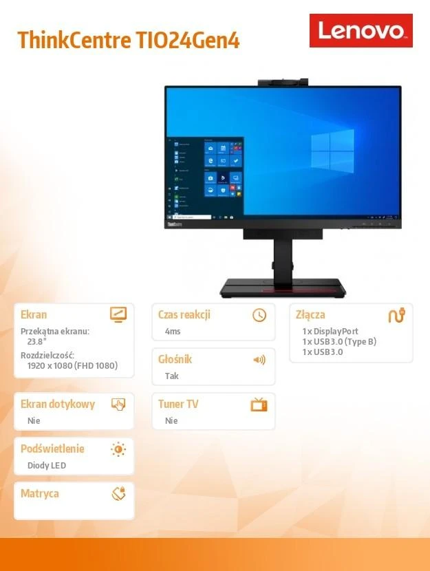 Monitorius Lenovo ThinkCentre Tiny-in-One 24 (Gen 4) 23,8 colio, IPS, 1920 x 1080, 16:9, 4 ms, 250 cd/m², Integruotas garsiakalbis (-ai), Juodas, 1080p kamera su dviem mikrofonais, skirta VOIP , LED indikatorius, 60 Hz, HAS