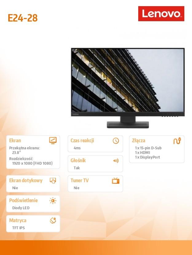 Monitorius Lenovo | E24-28 | 23.8 " | IPS | FHD | 16:9 | 6 ms | 250 cd/m² | Raven Juodas | Audio | HDMI jungtys quantity 1x HDMI1.4 | 60 Hz