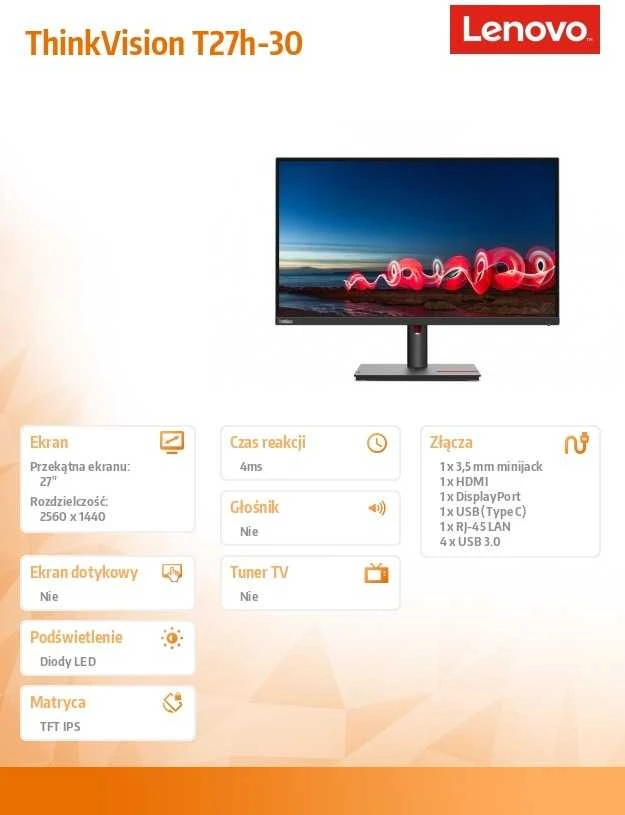 Monitorius Lenovo | ThinkVision | T27h-30 | 27 " | IPS | QHD | 16:9 | 60 Hz | 6 ms | 2560 x 1440 | 350 cd/m² | HDMI jungtys quantity 1x HDMI 2.0 | Juodas | Garantija 36 mėn.