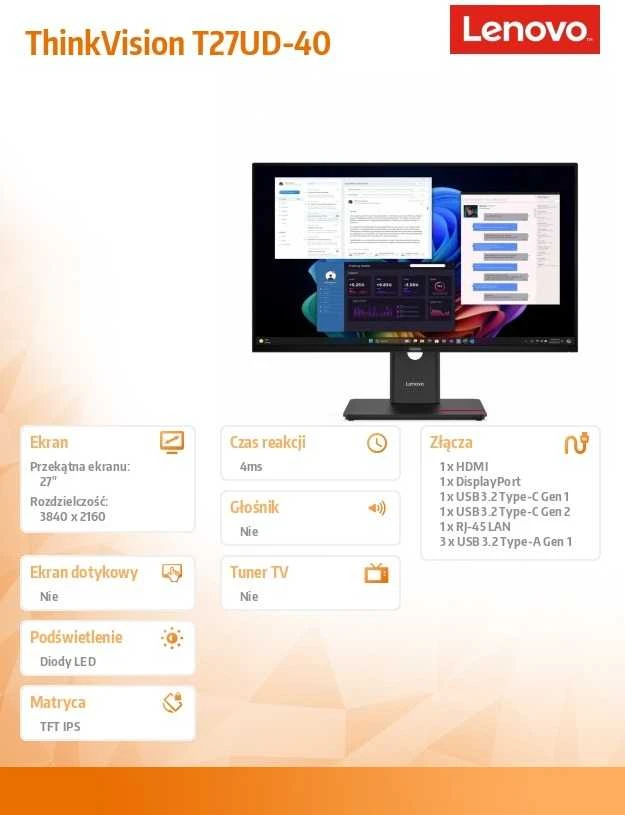 Monitorius Lenovo | ThinkVision T27UD-40 | 27 " | IPS | 16:9 | 60 Hz | 4 ms | 3840 x 2160 pikselių | 350 cd/m² | HDMI jungtys quantity 1 | Eclipse Juodas | Garantija 36 mėn.