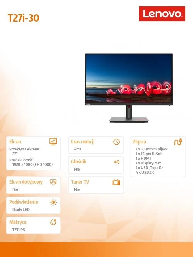 Monitorius  LENOVO THINKVISION T27I-30/68,6 cm/27 colių/ FHD(1920X1080)/16:9 4ms IPS HDMI DisplayPort USB VGA VESA Pivot