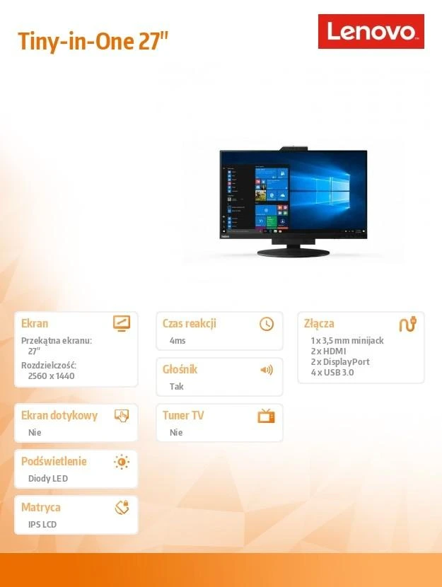 Lenovo | Monitorius | ThinkCentre Tiny In One | 27 " | IPS | QHD | 16:9 | 60 Hz | 14 ms | 2560 x 1440 | 350 cd/m² | HDMI jungtys quantity 1 | Juodas | Garantija 36 mėn.