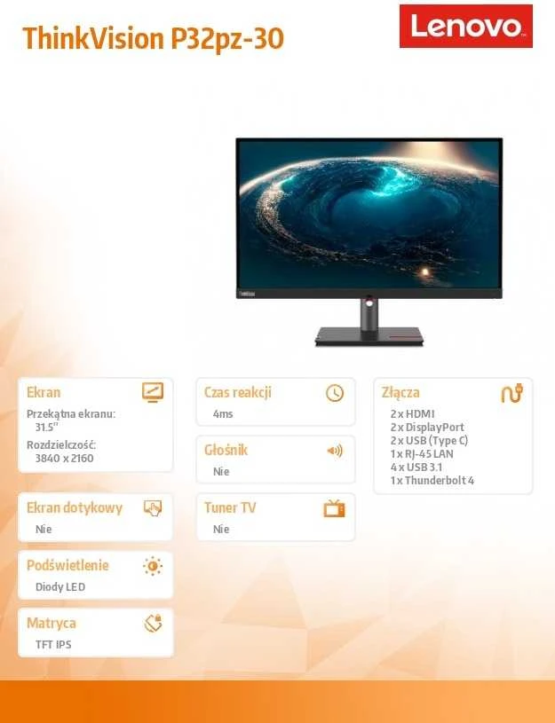 Monitorius LENOVO 31.5" P32PZ-30 MINI-LED UHD IPS 16:9 HDMI/DP/USB4(140W)/RJ45