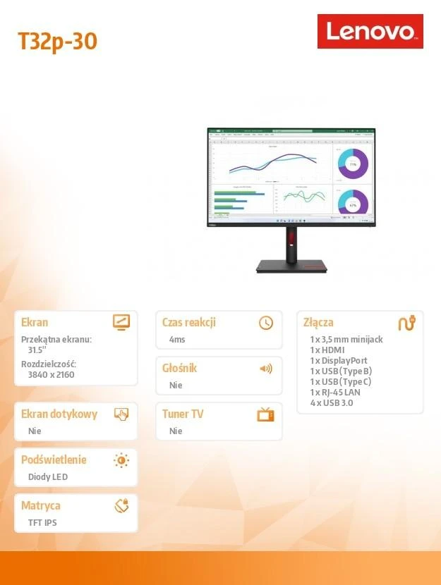 Monitorius Lenovo | ThinkVision | T32p-30 | 31.5 " | IPS | 16:9 | 60 Hz | 4 ms | 3840 x 2160 pikselių | 350 cd/m² | HDMI jungtys quantity 1 | Juodas | Garantija 36 mėn.