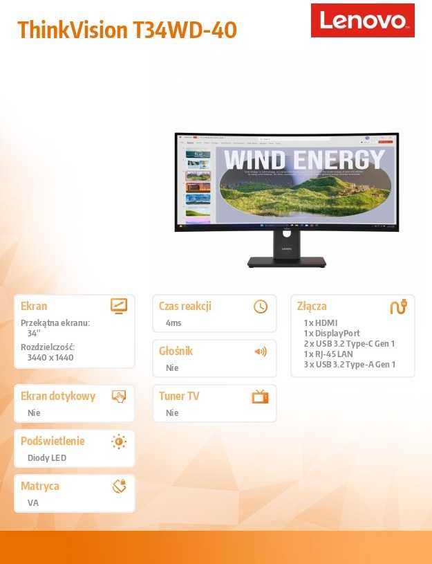 Monitorius Lenovo | ThinkVision | T34WD-40 | 34 " | VA | 21:9 | 120 Hz | 4 ms | 3440 x 1440 pikselių | 300 cd/m² | HDMI jungtys quantity 1 | Eclipse juodas | Garantija 36 mėn.