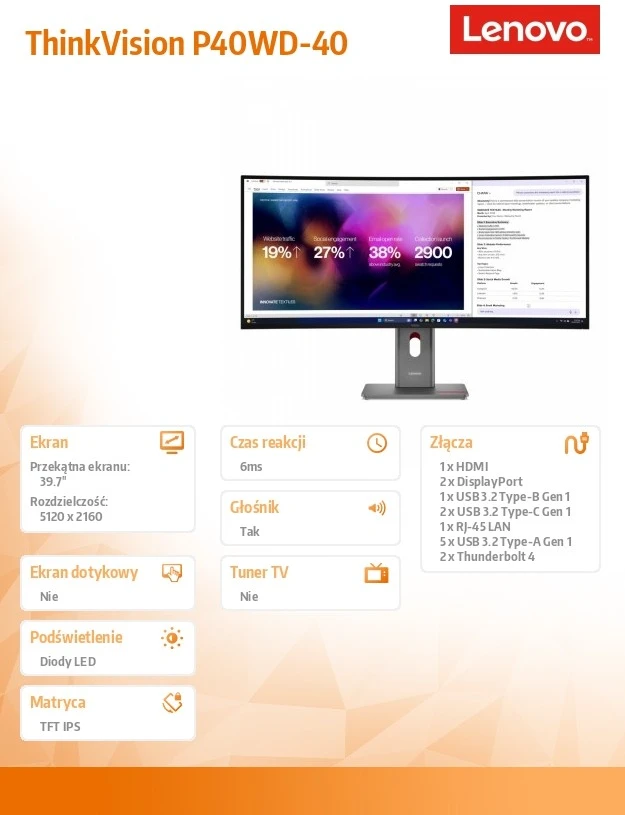 Monitorius Lenovo | ThinkVision P40WD-40 | 39.7 " | IPS | WUHD | 21:9 | 120 Hz | 4ms GtG (Extreme mode) / 6ms GtG (Typical mode) ms | 5120 x 2160 pikselių | 400 cd/m² | HDMI jungtys quantity 1 | Eclipse Juodas