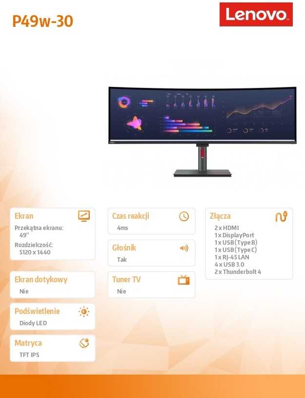 Monitorius Lenovo | ThinkVision | P49w-30 | 49 " | IPS | 32:9 | 60 Hz | 4 ms | 5120 x 1440 | 350 cd/m² | HDMI jungtys quantity 2 | Juodas | Garantija 36 mėn.