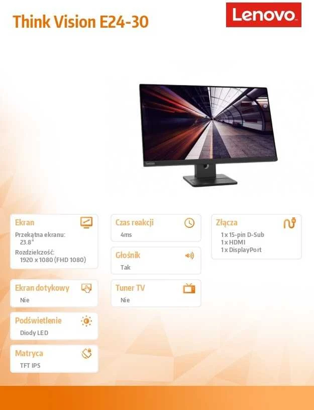 Monitorius Lenovo | ThinkVision | E24-30 | 23.8 " | IPS | 16:9 | 100 Hz | 4 ms | 1920 x 1080 pikselių | 250 cd/m² | HDMI jungtys quantity 1 | Raven Juodas | Garantija 36 mėn.