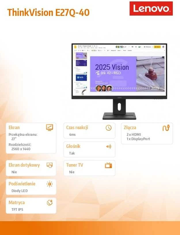 Monitorius LENOVO 27" E27Q-40 QHD IPS 16:9 100HZ HDMI/DP/SPEAKERS