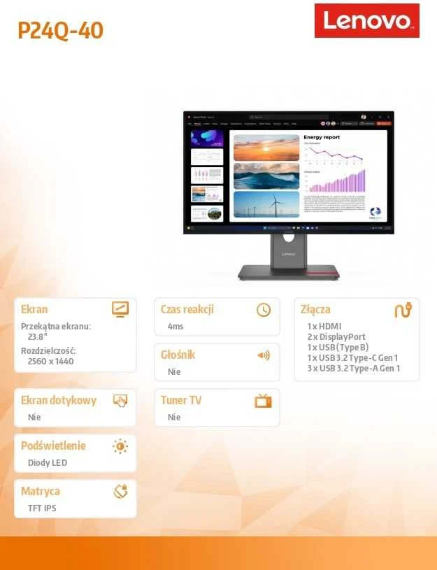 Monitorius Lenovo | ThinkVision P24q-40 | 23.8 " | IPS | 16:9 | 120 Hz | 4 ms | 2560 x 1440 pikselių | 300 cd/m² | HDMI jungtys quantity 1 | Raven Juodas | Garantija 36 mėn.