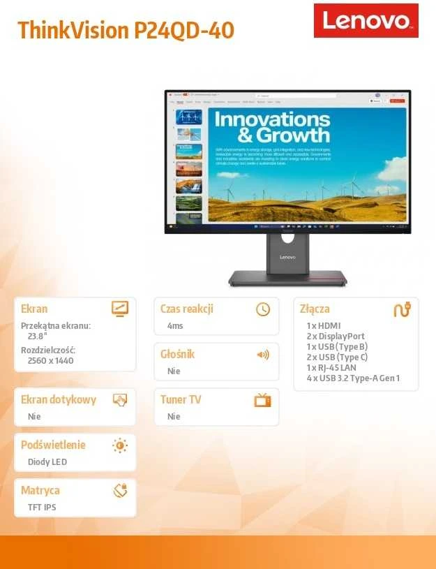 Monitorius Lenovo | ThinkVision P24QD-40 | 23.8 " | IPS | 16:9 | 120 Hz | 6 ms | 2560 x 1440 pikselių | 300 cd/m² | HDMI jungtys quantity 1 | Eclipse Juodas | Garantija 36 mėn.