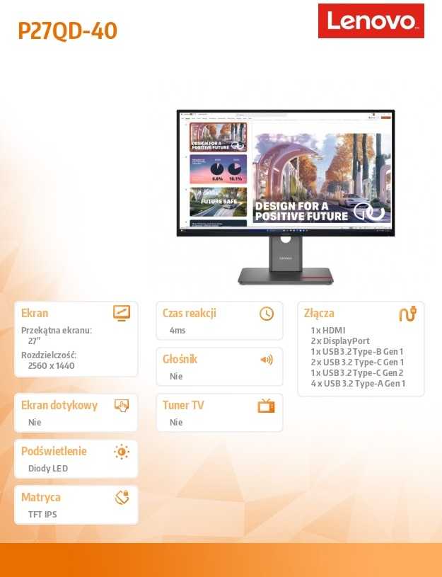 Monitorius Lenovo | ThinkVision P27QD-40 | 27 " | IPS | 16:9 | 120 Hz | 4 ms | 2560 x 1440 pikselių | 350 cd/m² | HDMI jungtys quantity 1 | Raven Juodas | Garantija 36 mėn.