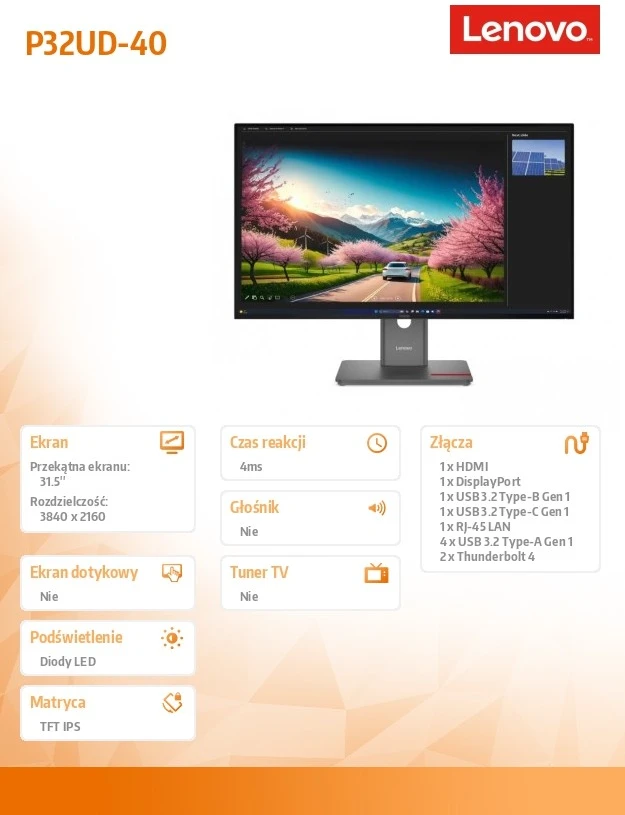 Monitorius Lenovo | ThinkVision P32UD-40 | 32 " | IPS | UHD | 16:9 | 120 Hz | 4 ms | 3840 x 2160 pikselių | 350 cd/m² | Juodas