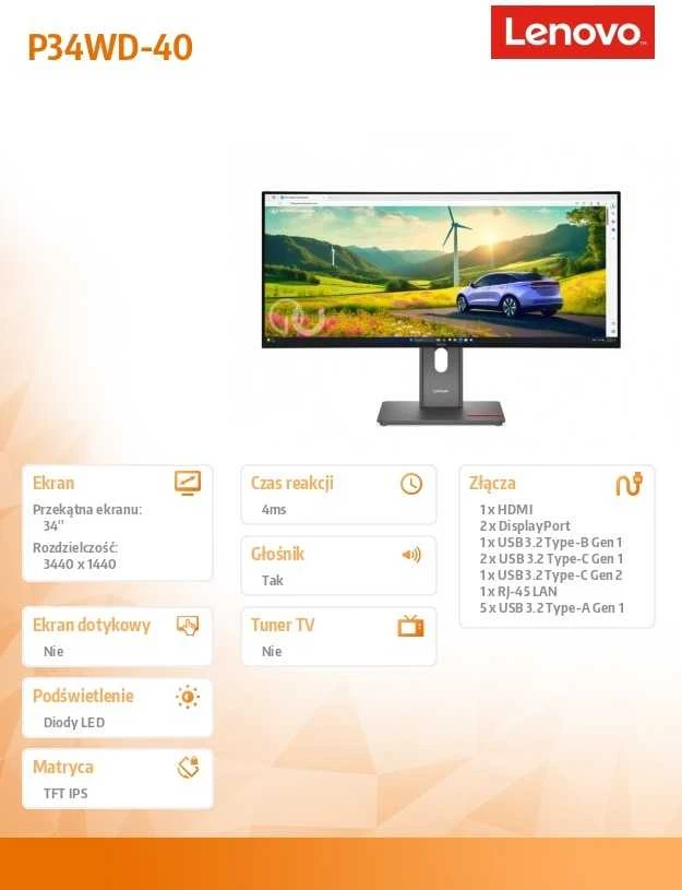 Monitorius Lenovo | ThinkVision | P34WD-40 | 34 " | IPS | 21:9 | 120 Hz | 4 ms | 3440x1440 pikselių | 350 cd/m² | HDMI jungtys quantity 1 | Eclipse juodas | Garantija 36 mėn.