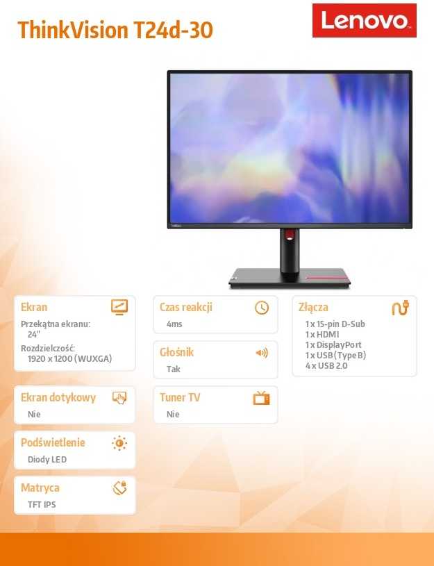 Monitorius Lenovo | T24d-30 | 24 " | IPS | WUXGA | 16:10 | 100 Hz | 4 ms | 1920 x 1200 pikselių | 300 cd/m² | HDMI jungtys quantity 1 | Raven Juodas | Garantija 36 mėn.
