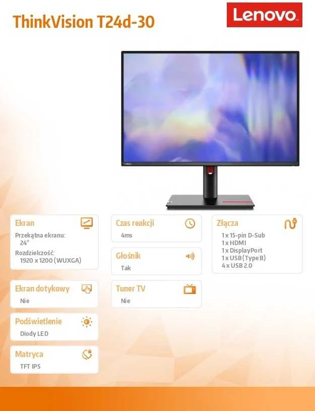 Monitorius Lenovo | T24d-30 | 24 " | IPS | WUXGA | 16:10 | 100 Hz | 4 ms | 1920 x 1200 pikselių | 300 cd/m² | HDMI jungtys quantity 1 | Raven Juodas | Garantija 36 mėn.