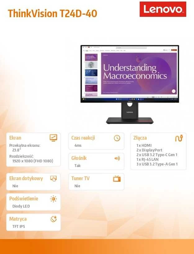 Monitorius Lenovo | ThinkVision T24D-40 | 23.8 " | IPS | 16:9 | 120 Hz | 4 ms | 1920 x 1080 pikselių | 250 cd/m² | HDMI jungtys quantity 1 | Eclipse Juodas | Garantija 36 mėn.