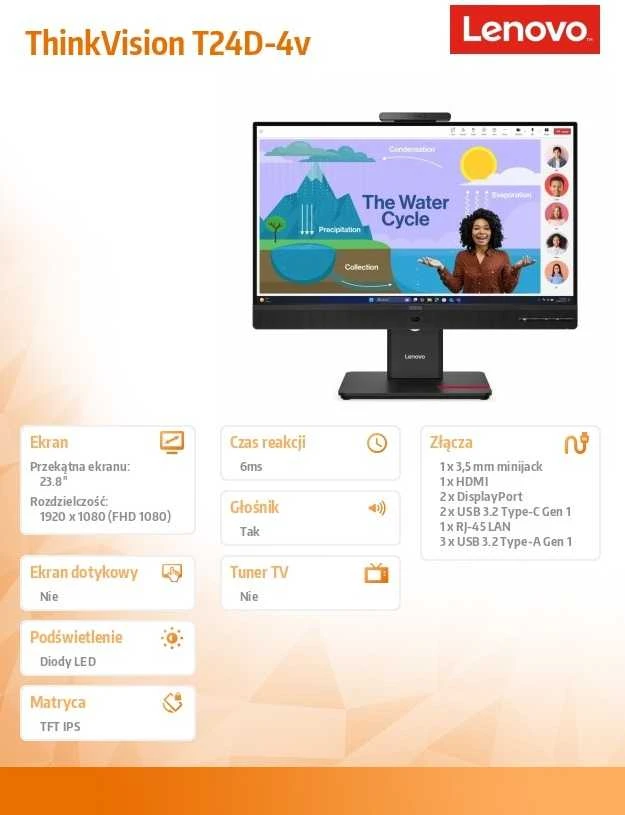 Lenovo Monitorius thinkvision t24d-4v 24 colių 64b7uat1eu