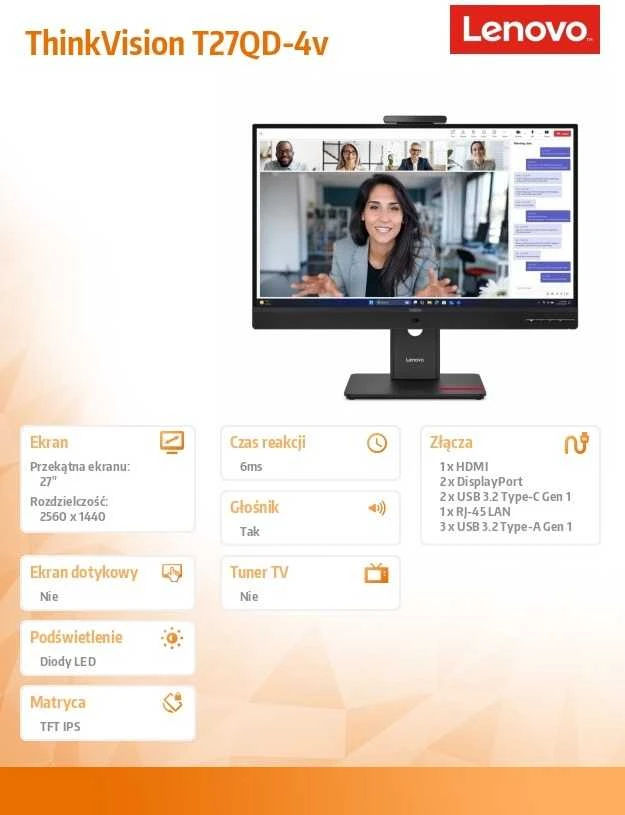 Monitorius Lenovo | ThinkVision T27QD-4v | 27 " | IPS | 16:9 | 120 Hz | 4 ms | 2560 x 1440 pikselių | 350 cd/m² | HDMI jungtys quantity 1 | Eclipse Juodas