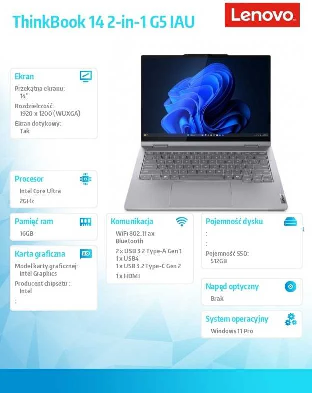 Lenovo ThinkBook 14 2-in-1 G5 IAU Intel Core Ultra 7 255U Hybrid (2-in-1) 35.6 cm (14") Jutiklinis ekranas WUXGA 16 GB DDR5-SDRAM 512 GB SSD Wi-Fi 6E (802.11ax) Windows 11 Pro Swiss Pilkas