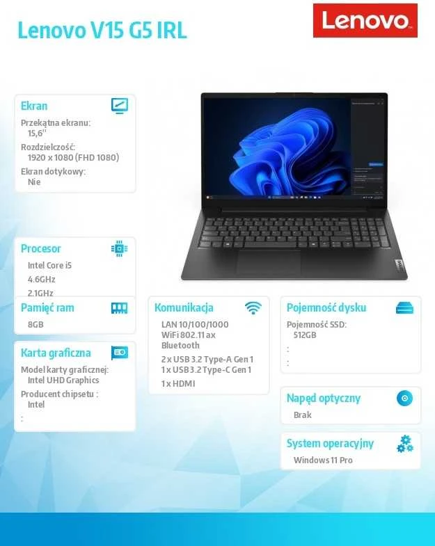 Lenovo V15 G5 IRL Intel® Core™ i5 i5-13420H Nešiojamas kompiuteris 39.6 cm (15.6") Full HD 8 GB DDR5-SDRAM 512 GB SSD Wi-Fi 6 (802.11ax) Windows 11 Pro Juodas