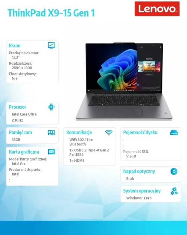 Lenovo ThinkPad X9-15 Gen 1 Copilot+ PC Intel Core Ultra 5 228V Nešiojamas kompiuteris 38.9 cm (15.3") 2.8K 32 GB LPDDR5x-SDRAM 512 GB SSD Wi-Fi 7 (802.11be) Windows 11 Pro English Pilkas