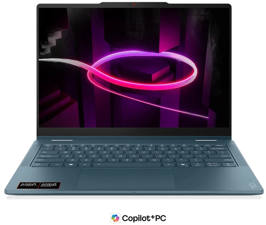 Nešiojamas kompiuteris „Lenovo Yoga 7 Gen 11“ 14AGP11 „Ryzen AI 5 435“, 14 colių WUXGA lietimui jautrus OLED ekranas, 400 nitų, 60 Hz, blizgus, 16 GB LPDDR5X-8000, 512 GB SSD, „Radeon 840M“ vaizdo plokštė, 5.0 MP + IR, 70 Wh, „Windows 11 Tidal Teal“.