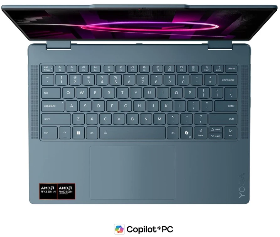 Nešiojamas kompiuteris „Lenovo Yoga 7 Gen 11“ 14AGP11 „Ryzen AI 5 435“, 14 colių WUXGA lietimui jautrus OLED ekranas, 400 nitų, 60 Hz, blizgus, 16 GB LPDDR5X-8000, 512 GB SSD, „Radeon 840M“ vaizdo plokštė, 5.0 MP + IR, 70 Wh, „Windows 11 Tidal Teal“.