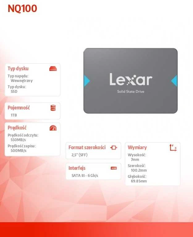 Lexar SSD | NQ100 | 1000 GB | SSD form factor 2.5" | Solid-state drive sąsaja SATA III | Skaitymo greitis 550 MB/s
