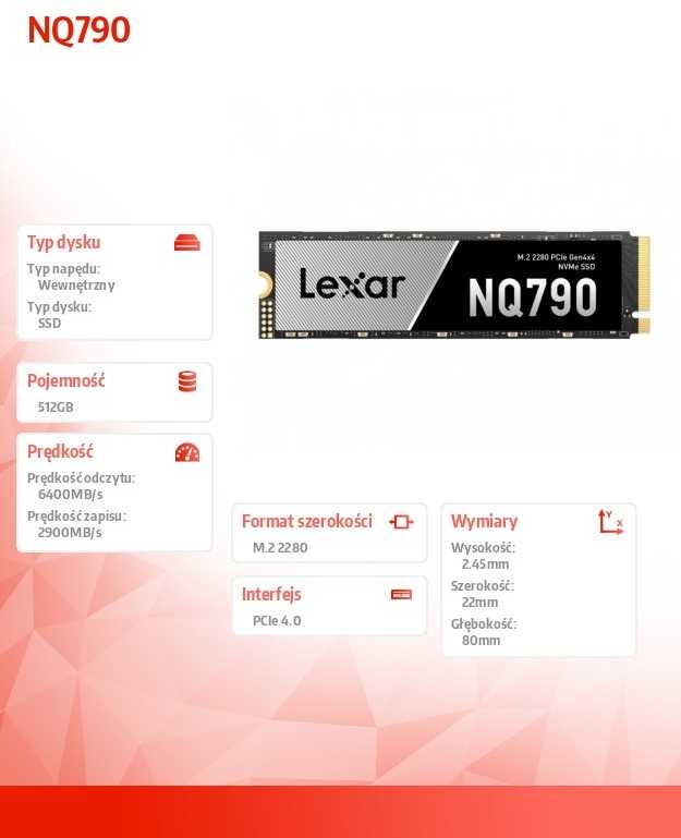 Lexar SSD | LNQ790X512G-RNNNG | 512 GB | SSD form factor M.2 | Solid-state drive sąsaja PCIe Gen 4X4, NVMe | Skaitymo greitis 6400 MB/s | Rašymo greitis 2900 MB/s