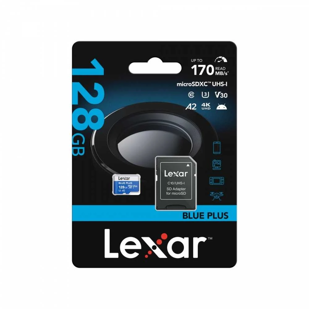 Lexar Micro SDXC Mėlyna Plus UHS-I C10 A2 U3 V30 128GB + SD adapteris