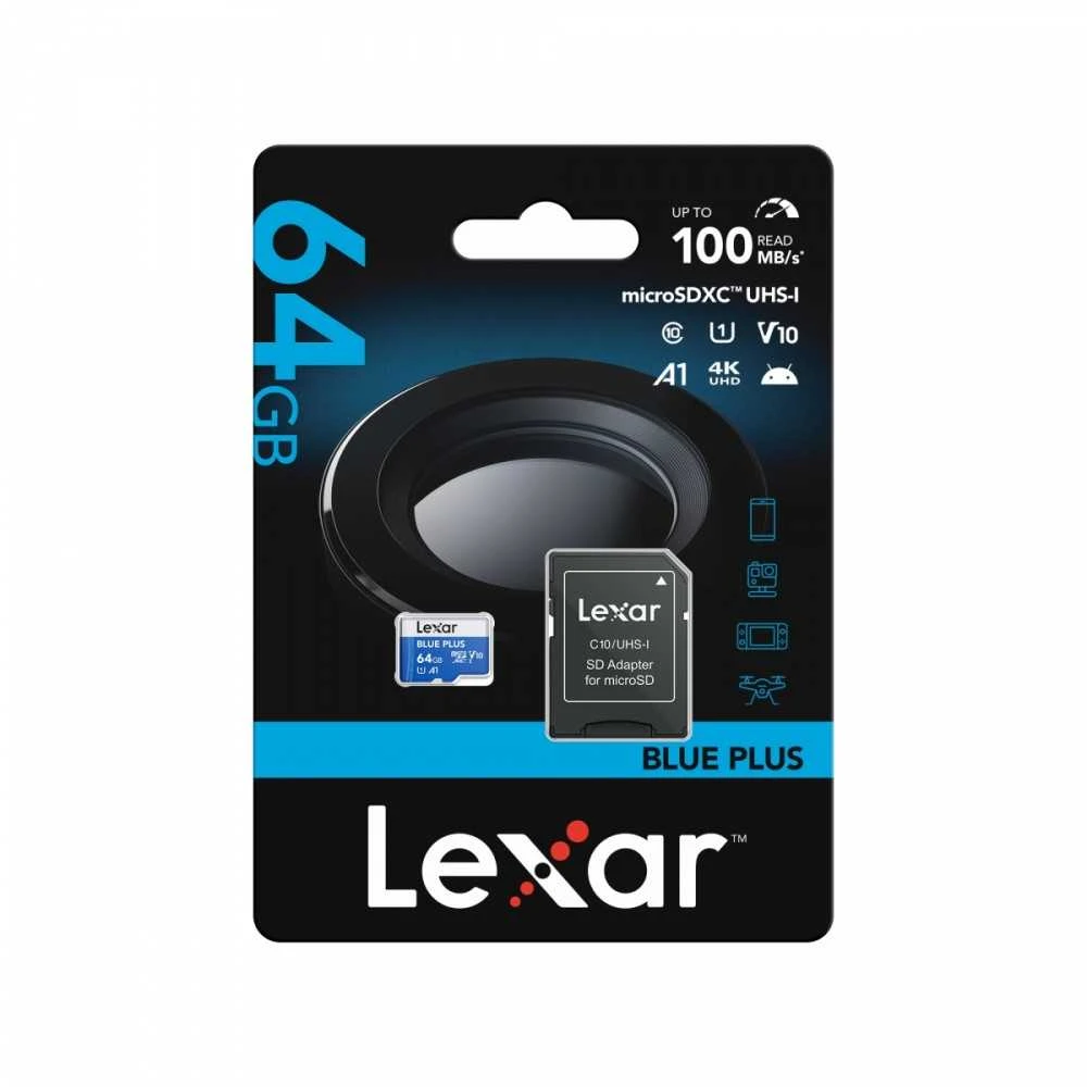 Atminties kortelė Mėlyna Lexar Micro SDXC Mėlyna Plus UHS-I C10 A1 U1 V30 64GB + SD adapteris