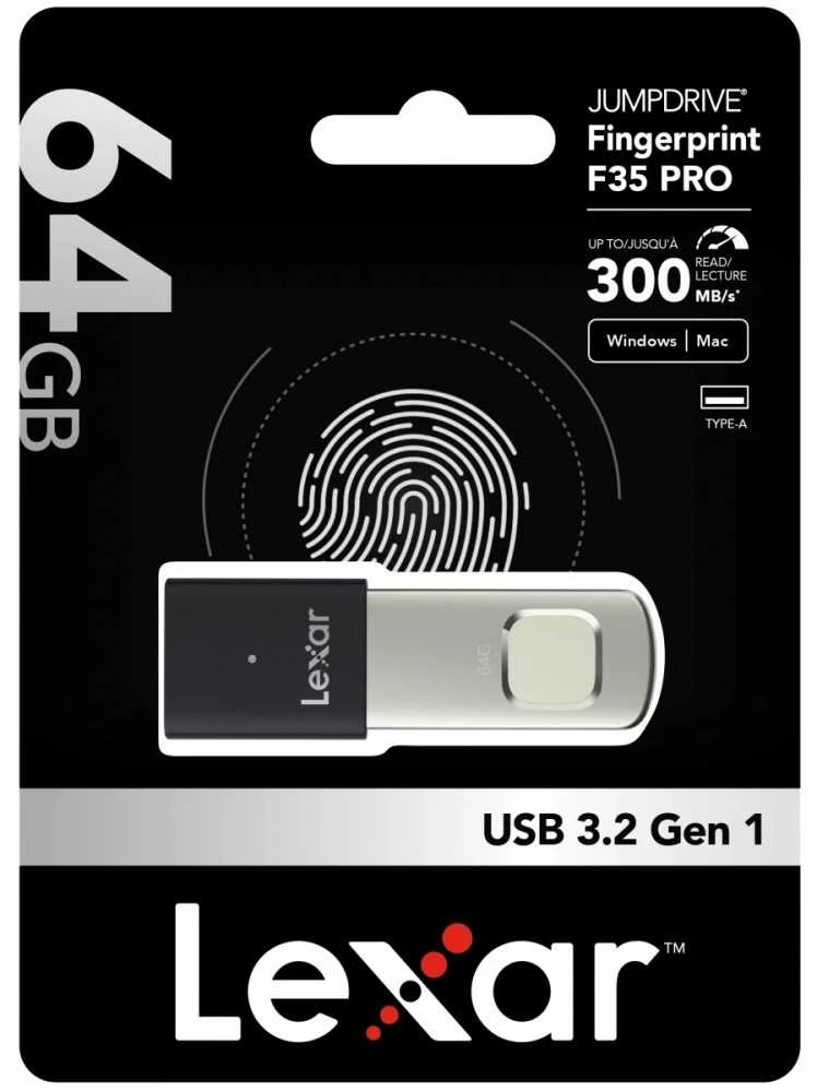 USB Atmintinė - Lexar Pirštų Atspaudo F35pro 64GB 300 MB/s Skaitymas 150 MB/s Rašymas Juoda