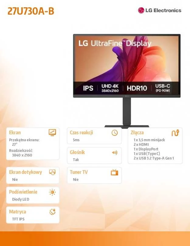 Monitorius LG | 27U730A-B | 27 " | IPS | UHD | 16:9 | 60 Hz | 5 ms | 3840 x 2160 pikselių | 300 cd/m² | HDMI jungtys quantity 2
