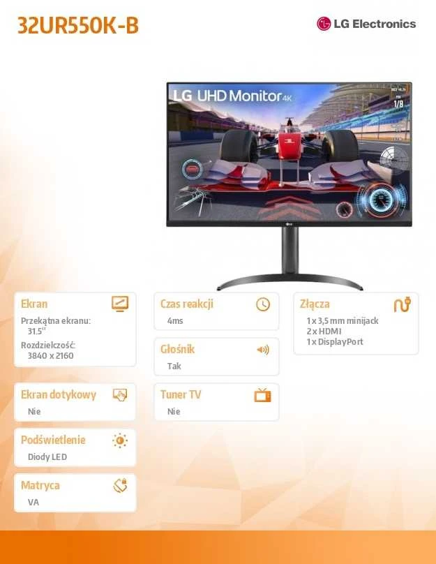 Monitorius LG | 32UR550K-B | 32 " | VA | UHD | 16:9 | 60 Hz | 4 ms | 3840 x 2160 pikselių | 250 cd/m² | HDMI jungtys quantity 2