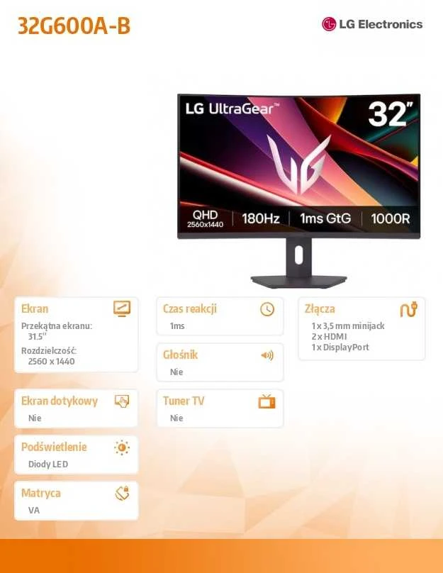Monitorius LG | 32G600A-B | 31.5 " | VA | QHD | 16:9 | 180 Hz | 1 ms | 2560 x 1440 pikselių | 250 cd/m² | HDMI jungtys quantity 2