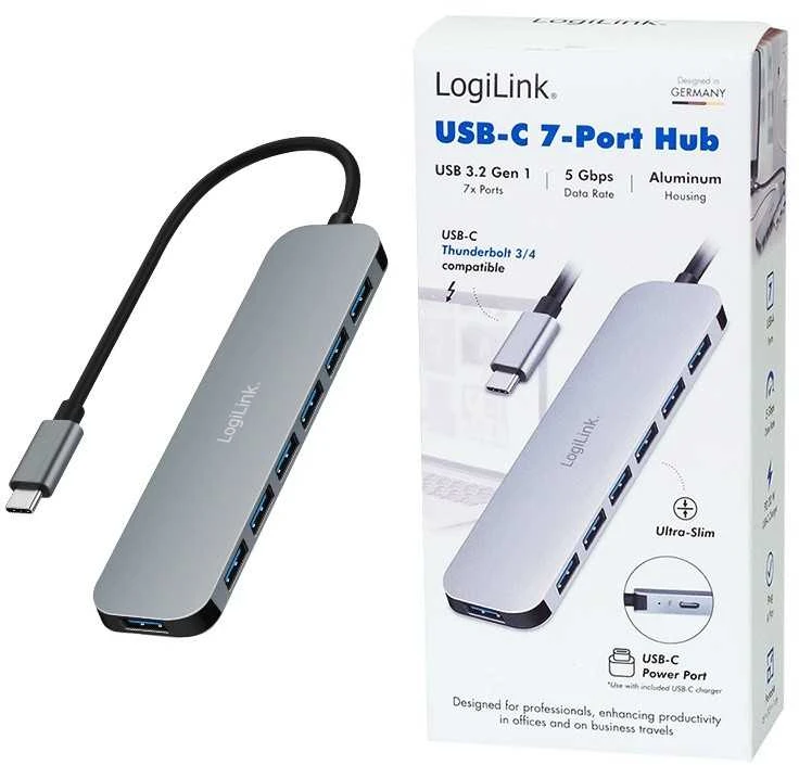 LogiLink 7 prievadų USB3.2 šakotuvas, USB-A, 5 Gbps, 20 W PD