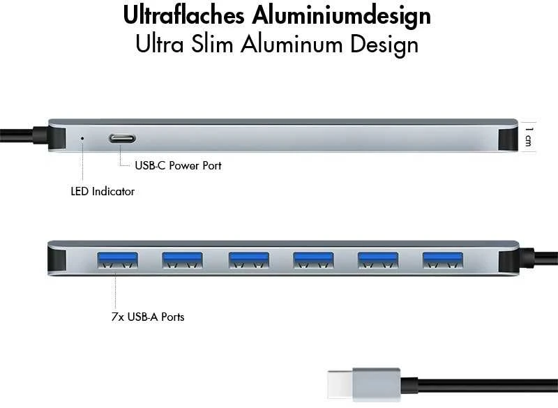 LogiLink USB šakotuvas: jungčių išdėstymas ir 1 cm storis