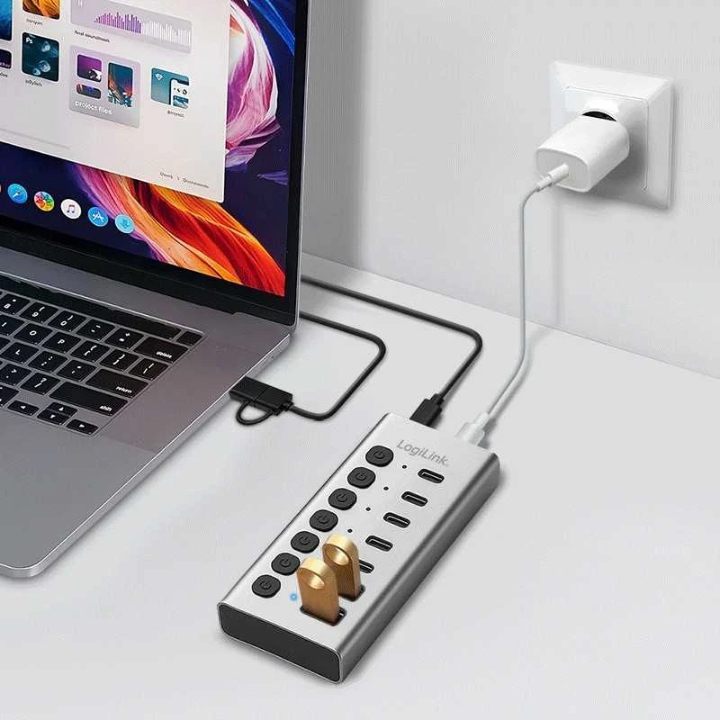 LogiLink 7xUSB-A/C šakotuvas su įjungimo/išjungimo jungikliu