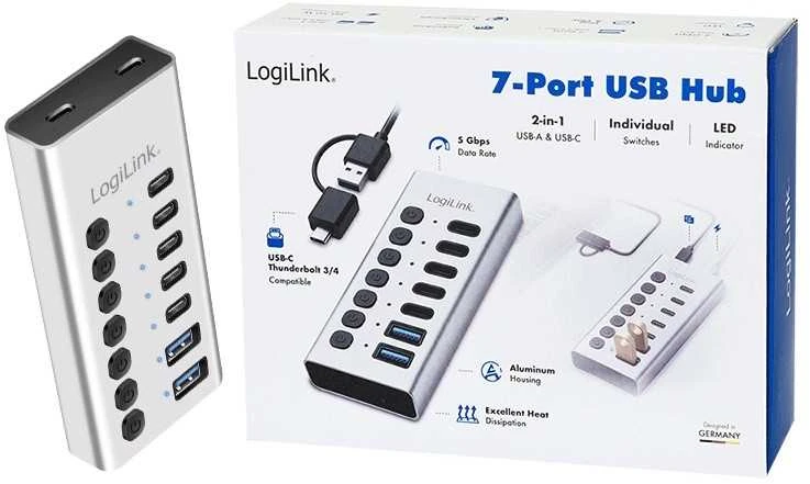 LogiLink 7xUSB-A/C šakotuvas su įjungimo/išjungimo jungikliu